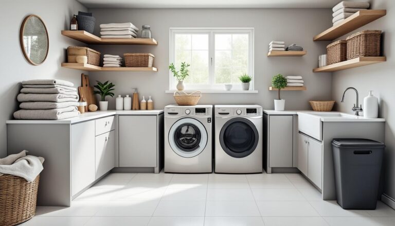 optimisez votre buanderie avec des circuits propres et sales bien organisés pour une efficacité maximale et un espace de travail pratique.