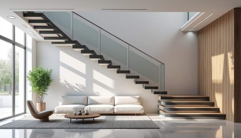 découvrez comment un escalier suspendu peut optimiser l'espace au sol dans votre hall d'entrée, alliant design moderne et fonctionnalité pour un intérieur aérien et élégant.