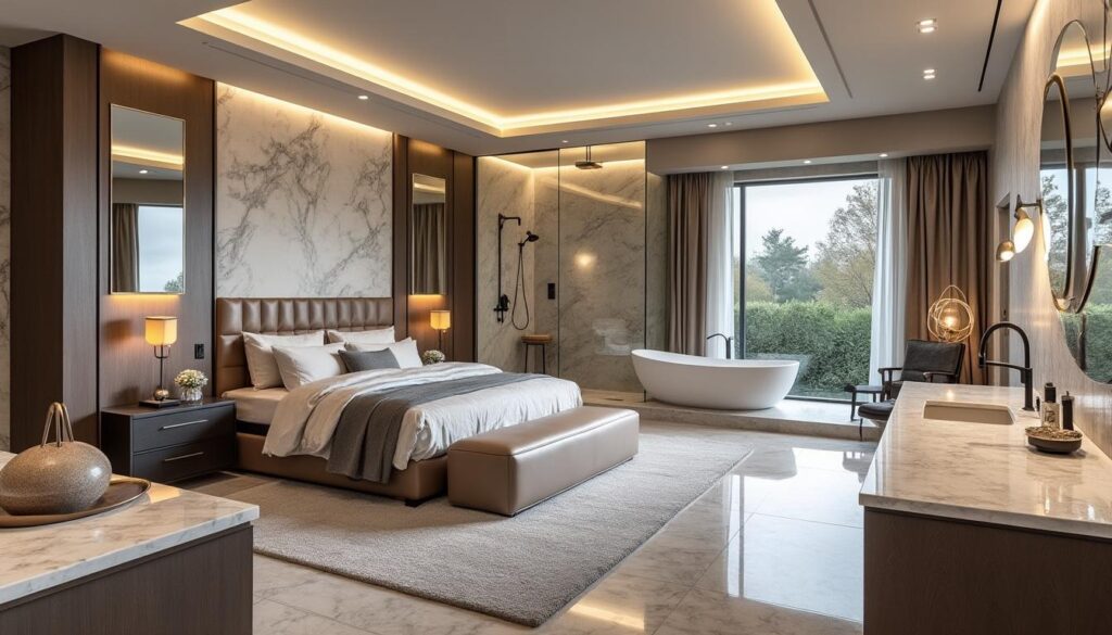 découvrez comment la suite parentale intègre harmonieusement la zone nuit et la salle d'eau pour un espace privé et confortable.