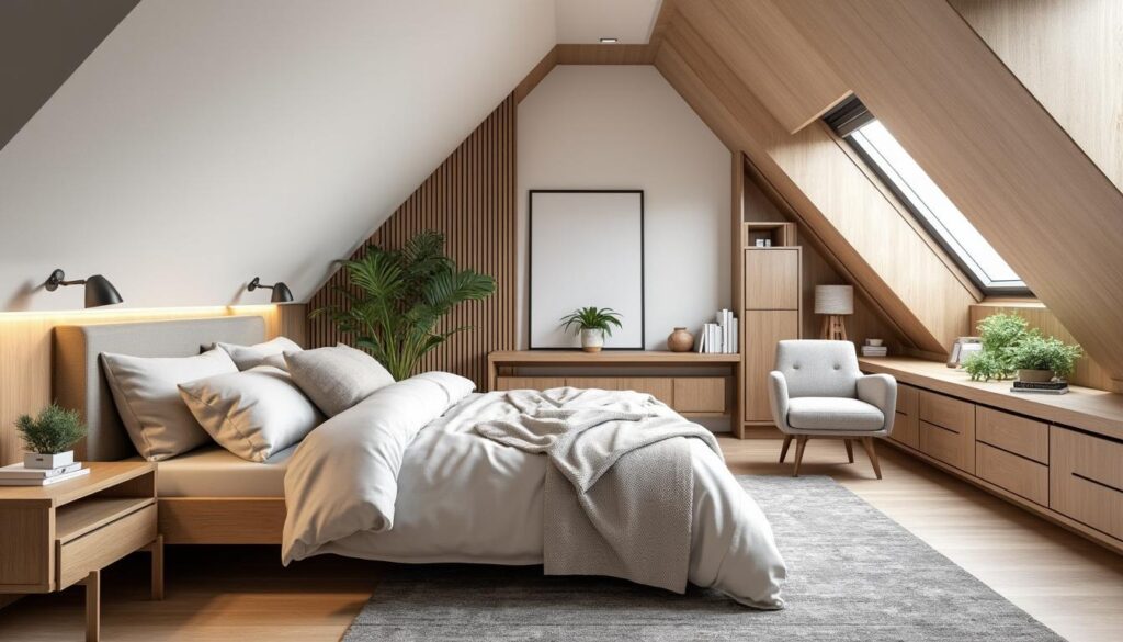 découvrez comment le mobilier encastré optimise parfaitement les recoins des chambres sous pente pour un espace à la fois fonctionnel et esthétique.