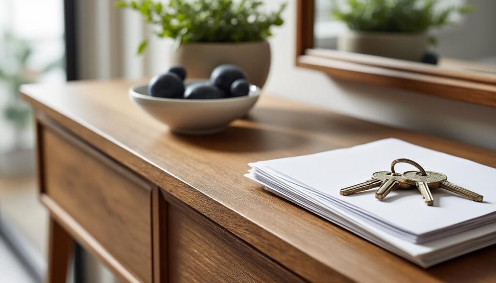 découvrez notre console d'entrée pratique pour accueillir vos clés et votre courrier, alliant fonctionnalité et design pour une organisation optimale de votre espace d'entrée.