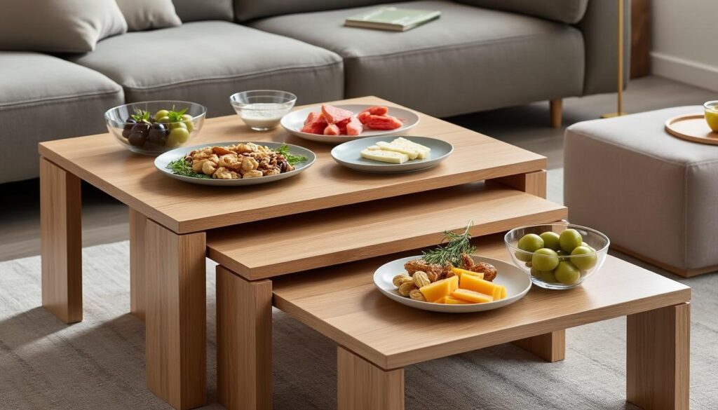 découvrez la table basse gigogne, idéale pour s'adapter parfaitement à la taille de vos apéritifs et optimiser votre espace de convivialité.