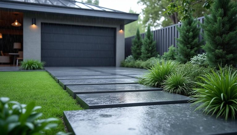 découvrez comment les dalles de jardin assurent un accès sécurisé et propre à votre garage même par temps de pluie, en évitant la boue et les éclaboussures.
