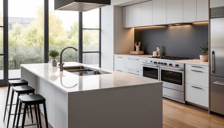 découvrez comment l'îlot de cuisine intègre parfaitement la zone de cuisson et le lavage pour une organisation optimale et un espace convivial.