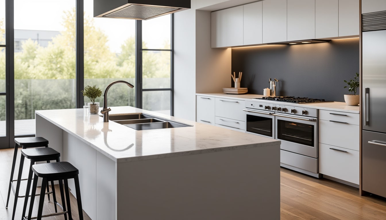découvrez comment l'îlot de cuisine intègre parfaitement la zone de cuisson et le lavage pour une organisation optimale et un espace convivial.