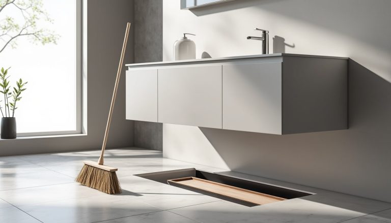 découvrez le meuble de salle de bains suspendu, une solution pratique qui facilite le nettoyage en permettant un accès facile pour passer le balai.