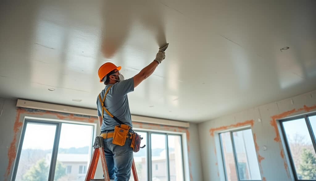 les travaux de plâtrerie permettent de lisser parfaitement les plafonds après les chantiers, assurant une finition nette et prête à peindre.