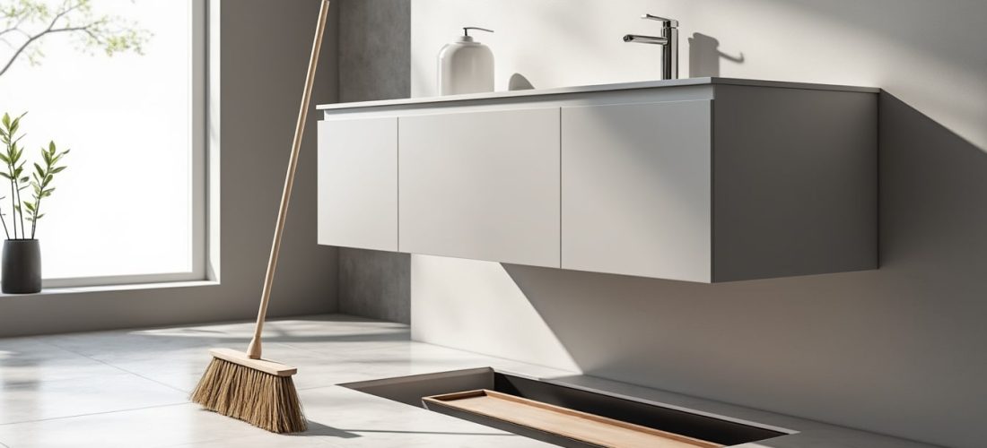 découvrez le meuble de salle de bains suspendu, une solution pratique qui facilite le nettoyage en permettant un accès facile pour passer le balai.