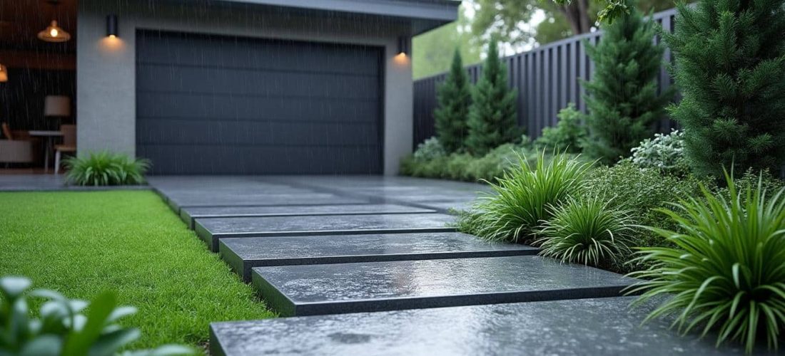 découvrez comment les dalles de jardin assurent un accès sécurisé et propre à votre garage même par temps de pluie, en évitant la boue et les éclaboussures.