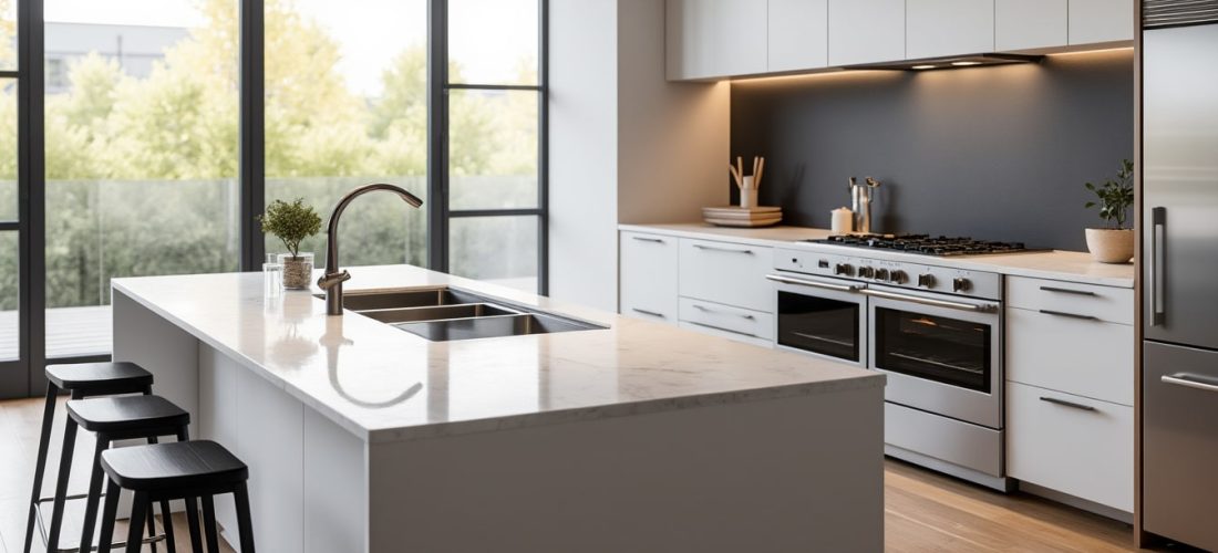découvrez comment l'îlot de cuisine intègre parfaitement la zone de cuisson et le lavage pour une organisation optimale et un espace convivial.